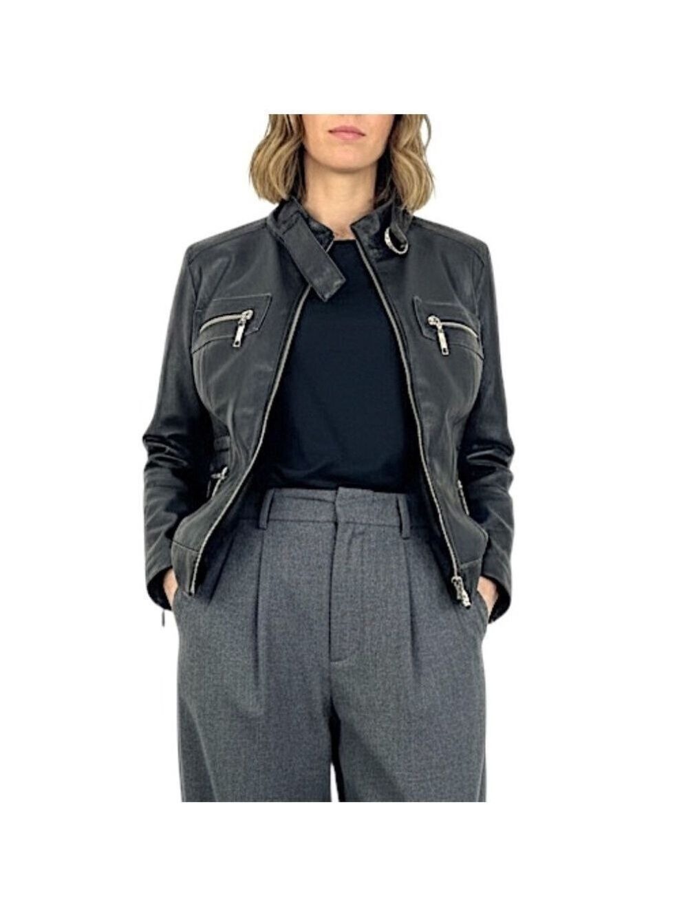 Point Zero black boxy vegan leather distressed motorcycle biker jacket M